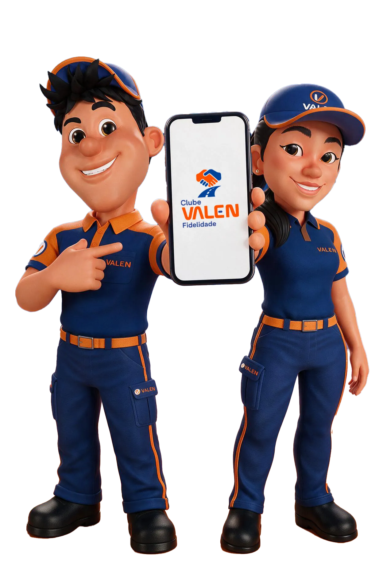 Mascotes Tino e Tina apresentando o app do Clube Valen Fidelidade